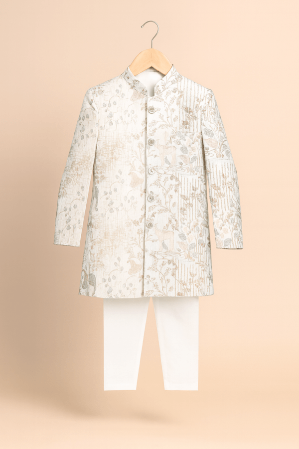Boys Cream Floral Printed Sherwani Set with White Churidars