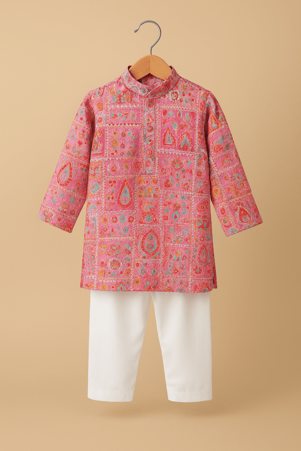 Boys’ Festive Pink Printed Kurta & White Pant Set