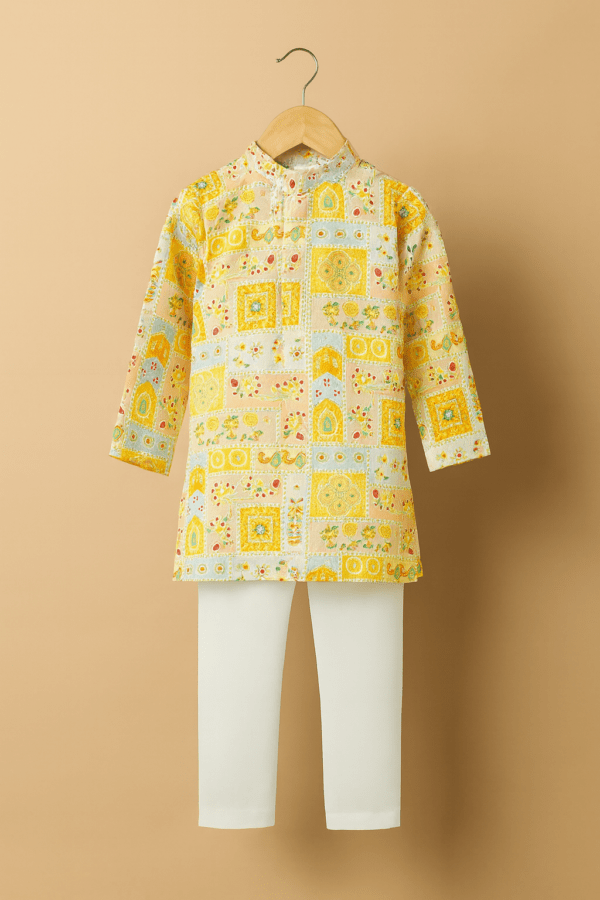 Boys Premium Pastel Yellow Printed Kurta & White Pajama Set
