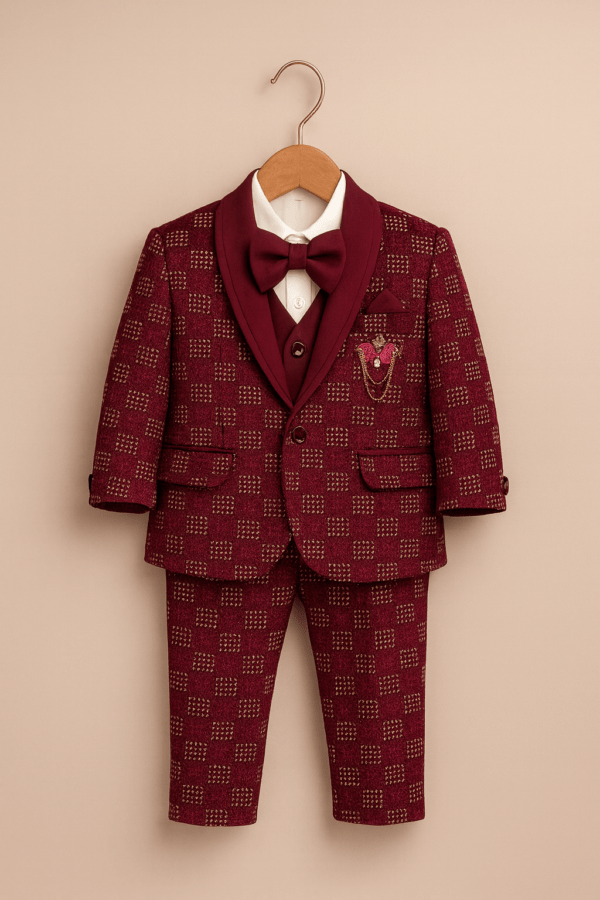 Boys' Maroon Checkered Tuxedo Set – Premium Fit