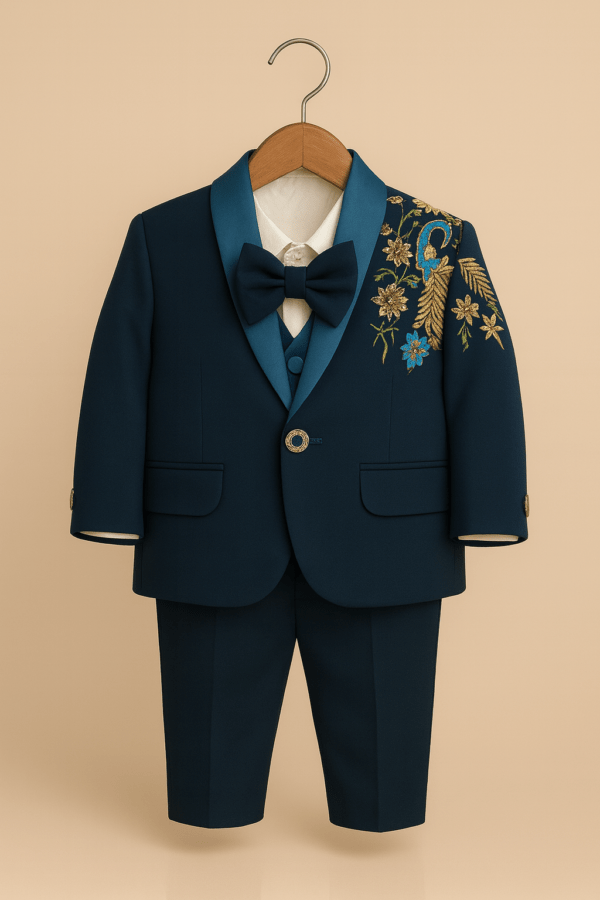 Boys Navy Blue Embroidered Tuxedo Suit Set