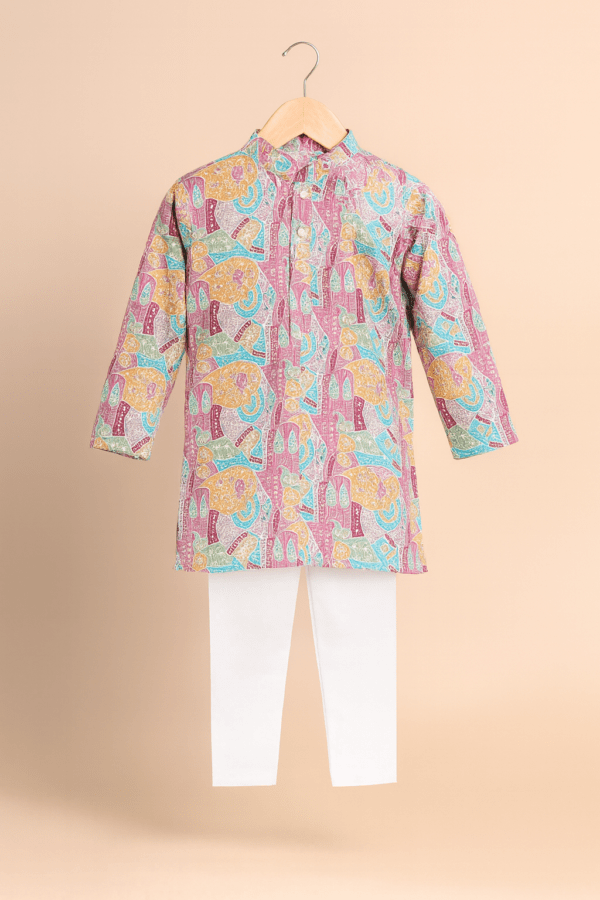 Boys Multicolour Artistic Print Kurta & White Pajama Festive Set