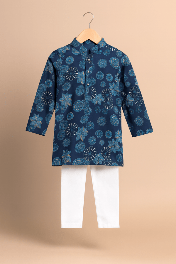 Boys Navy Blue Floral Print Kurta & White Pajama Festive Set